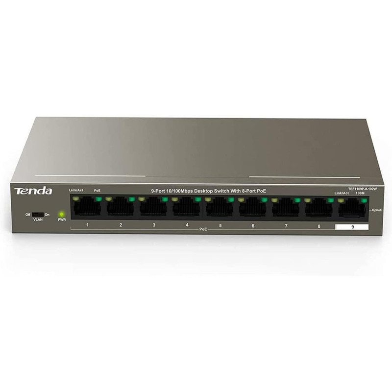 Tenda TEF1109P-8-102W 9-Port PoE Switch – 102W, 8 PoE Ports | Detroit Technologies